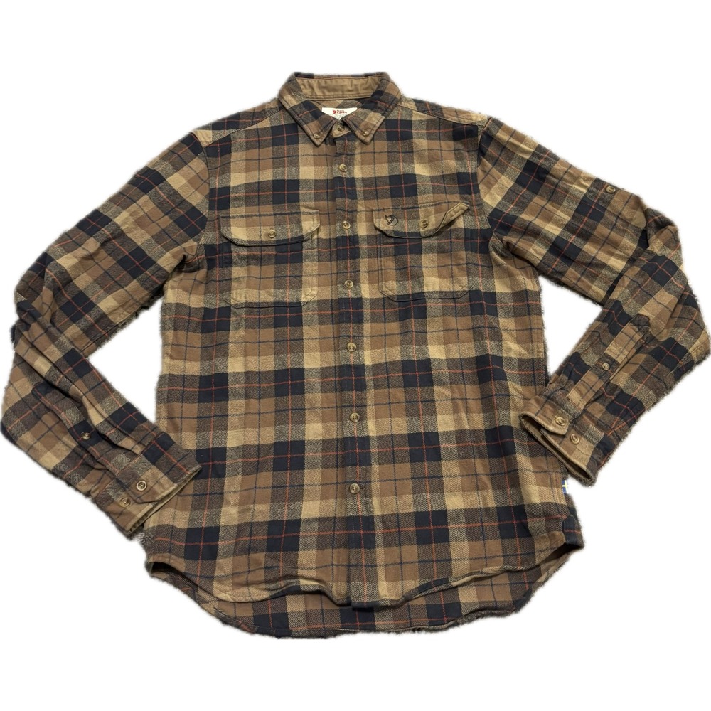 Fjallraven Singi Heavy Flannel Shirt Mens Small Brown Plaid Button Down 81373